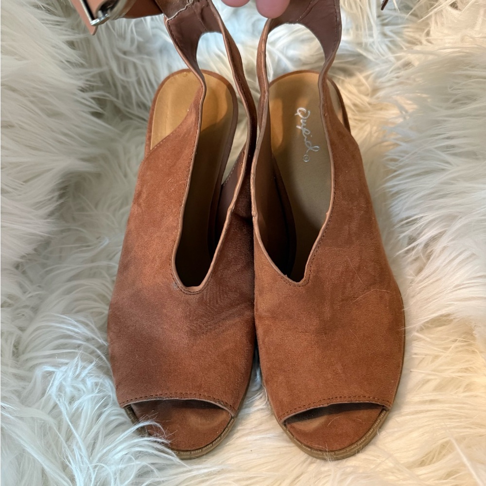 Qupid Vegan Suede Women's Tan Peep Toe Sandal with heel
